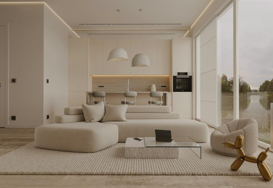 Salón blanco minimalista con ventanal